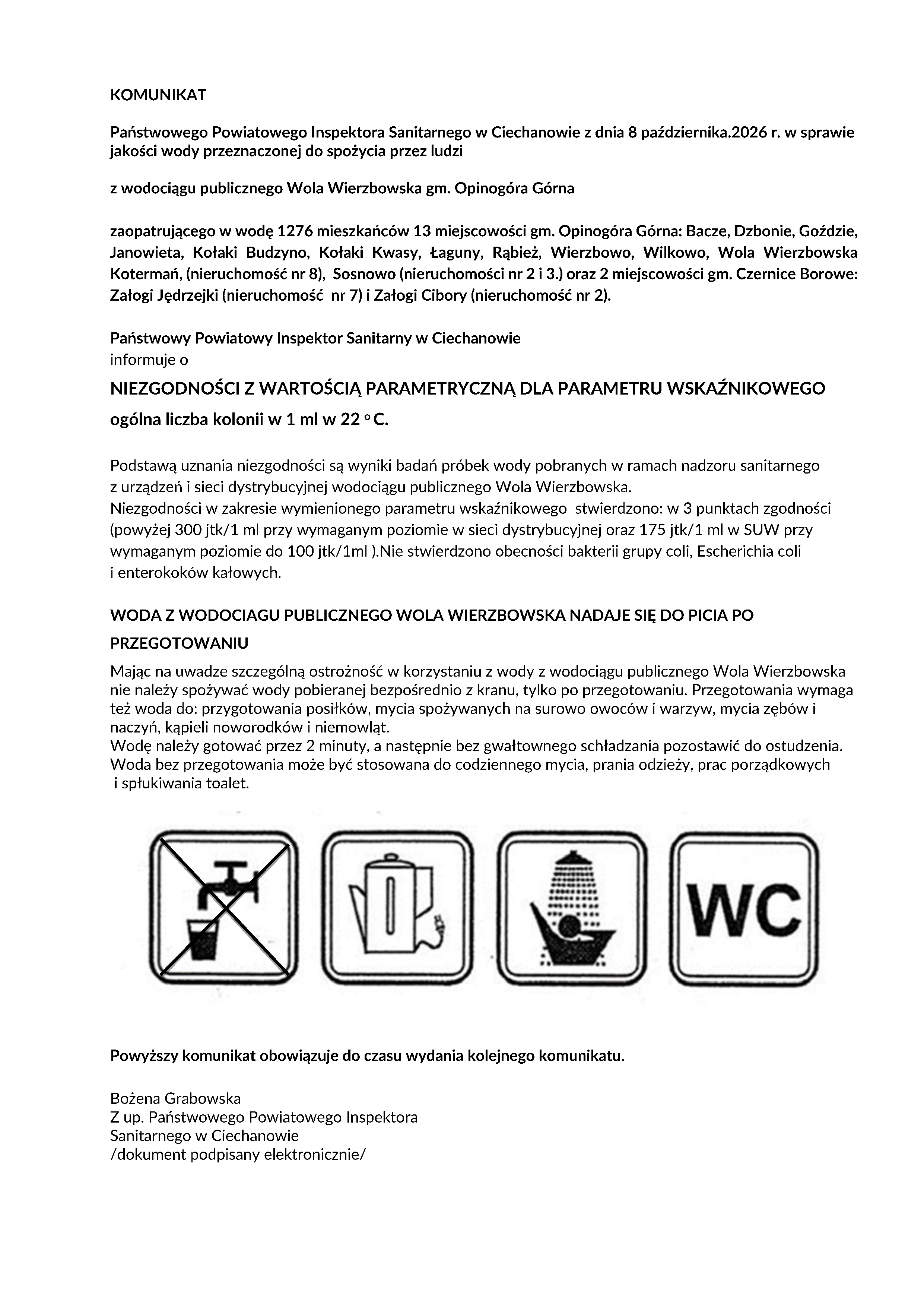 KOMUNIKAT Państwowego Powiatowego Inspektora Sanitarnego w Ciechanowie z dnia 8 października.2026 r. w sprawie jakości wody przeznaczonej do spożycia przez ludzi z wodociągu publicznego Wola Wierzbowska gm. Opinogóra Górna zaopatrującego w wodę 1276 mieszkańców 13 miejscowości gm. Opinogóra Górna: Bacze, Dzbonie, Goździe, Janowieta, Kołaki Budzyno, Kołaki Kwasy, Łaguny, Rąbież, Wierzbowo, Wilkowo, Wola Wierzbowska Kotermań, (nieruchomość nr 8), Sosnowo (nieruchomości nr 2 i 3.) oraz 2 miejscowości gm. Czernice Borowe: Załogi Jędrzejki (nieruchomość nr 7) i Załogi Cibory (nieruchomość nr 2). Państwowy Powiatowy Inspektor Sanitarny w Ciechanowie informuje o NIEZGODNOŚCI Z WARTOŚCIĄ PARAMETRYCZNĄ DLA PARAMETRU WSKAŹNIKOWEGO ogólna liczba kolonii w 1 ml w 22 o C. Podstawą uznania niezgodności są wyniki badań próbek wody pobranych w ramach nadzoru sanitarnego z urządzeń i sieci dystrybucyjnej wodociągu publicznego Wola Wierzbowska. Niezgodności w zakresie wymienionego parametru wskaźnikowego stwierdzono: w 3 punktach zgodności (powyżej 300 jtk/1 ml przy wymaganym poziomie w sieci dystrybucyjnej oraz 175 jtk/1 ml w SUW przy wymaganym poziomie do 100 jtk/1ml ).Nie stwierdzono obecności bakterii grupy coli, Escherichia coli i enterokoków kałowych. WODA Z WODOCIAGU PUBLICZNEGO WOLA WIERZBOWSKA NADAJE SIĘ DO PICIA PO PRZEGOTOWANIU Mając na uwadze szczególną ostrożność w korzystaniu z wody z wodociągu publicznego Wola Wierzbowska nie należy spożywać wody pobieranej bezpośrednio z kranu, tylko po przegotowaniu. Przegotowania wymaga też woda do: przygotowania posiłków, mycia spożywanych na surowo owoców i warzyw, mycia zębów i naczyń, kąpieli noworodków i niemowląt. Wodę należy gotować przez 2 minuty, a następnie bez gwałtownego schładzania pozostawić do ostudzenia. Woda bez przegotowania może być stosowana do codziennego mycia, prania odzieży, prac porządkowych i spłukiwania toalet. Powyższy komunikat obowiązuje do czasu wydania kolejnego komunikatu. Bożena Grabowska Z up. Państwowego Powiatowego Inspektora Sanitarnego w Ciechanowie /dokument podpisany elektronicznie/